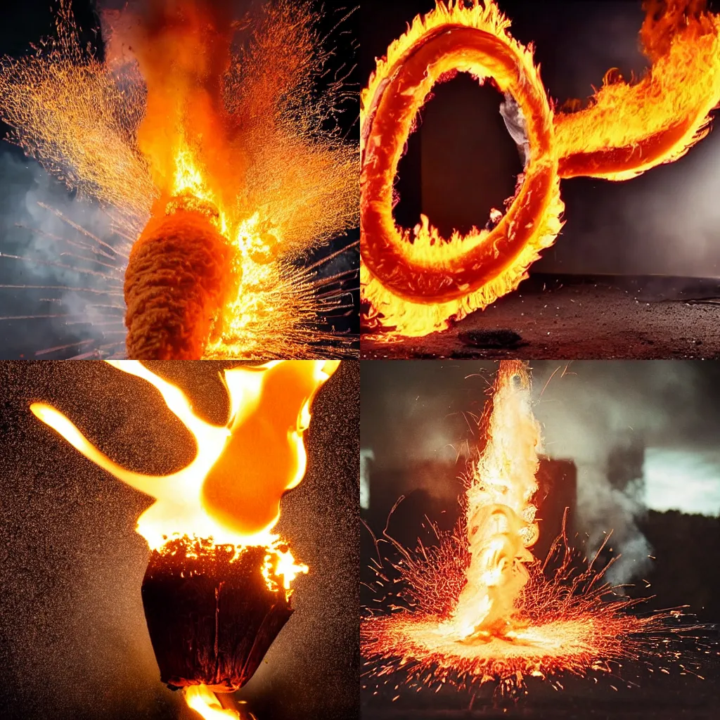 Prompt: a cinematic longshot photography of a banana combusting into flames and exploding with sparks