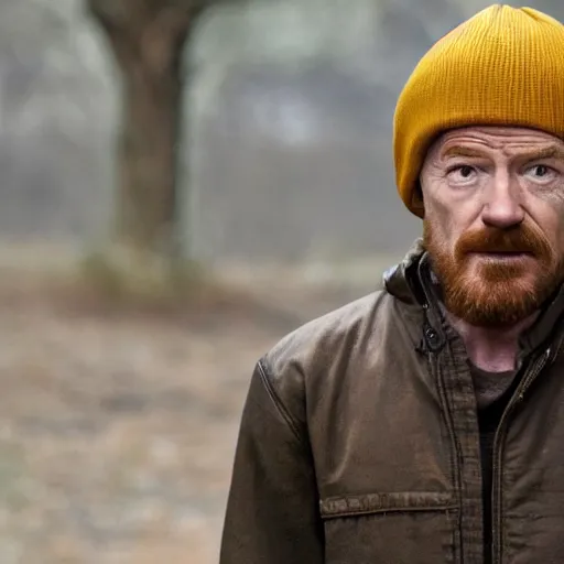 Prompt: Live Action Still of Bryan Cranston dressed as Jesse Pinkman wearing a beanie, real life, hyperrealistic, ultra realistic, realistic, highly detailed, epic, HD quality, 8k resolution, body and headshot, film still