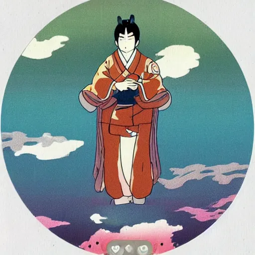 Image similar to a beautiful japanese male god sourrounded by borealis, studio ghibli style