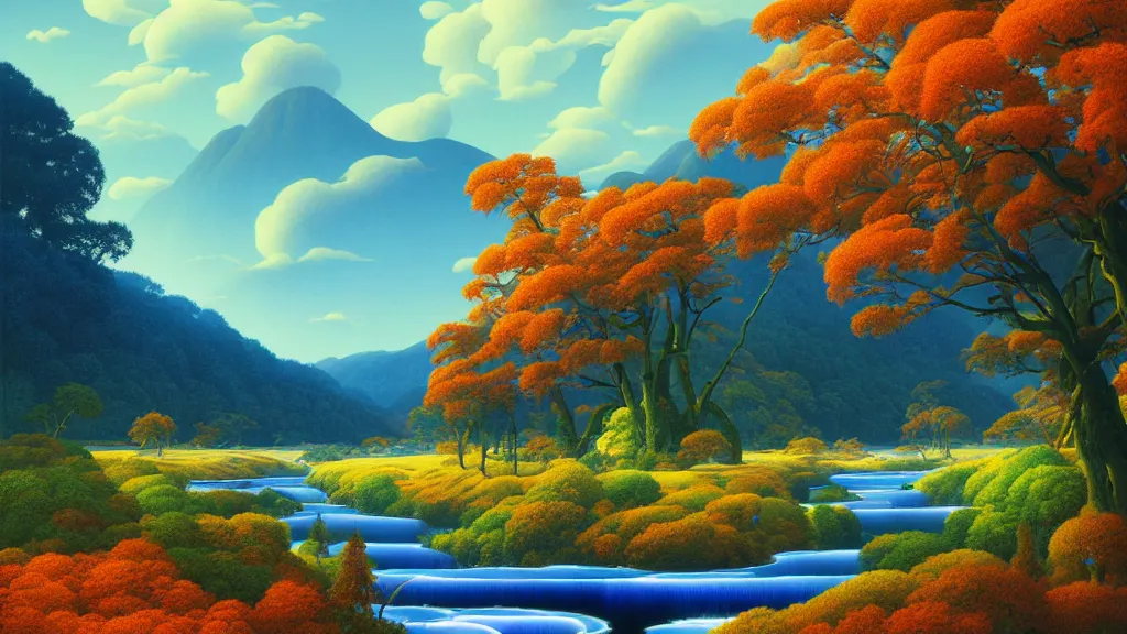 Prompt: digital painting of a lush river valley by gerald brom. blue river. autumn day. chiho aoshima. digital render. detailed. beautiful landscape.