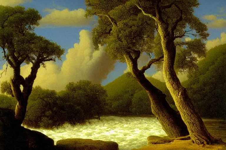 Image similar to oil painting of a old tree next to a raging river by martin johnson heade