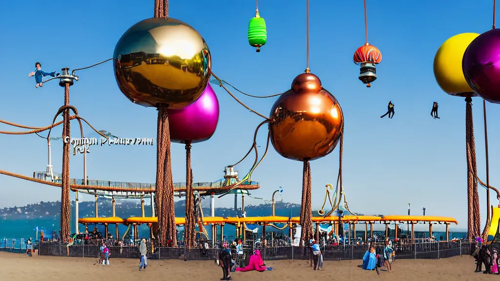 Prompt: large colorful futuristic space age metallic steampunk balloons with pipework and electrical wiring around the outside, and people on rope swings underneath, flying high over the beautiful santa monica pier city landscape, professional photography, 8 0 mm telephoto lens, realistic, detailed, photorealistic, photojournalism