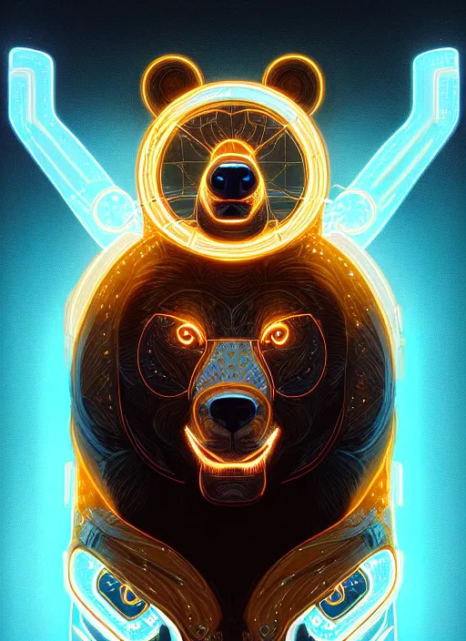 Image similar to symmetry!! portrait of cyborg bear, glowing lights!! intricate, elegant, highly detailed, digital painting, artstation, concept art, smooth, sharp focus, illustration, art by artgerm and greg rutkowski and alphonse mucha