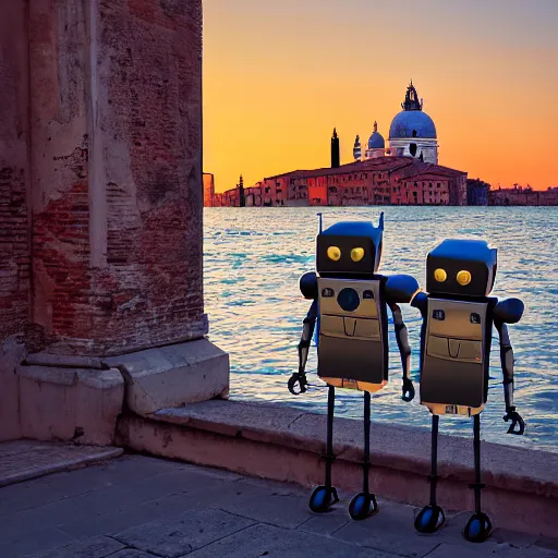 Image similar to two robots who faill in love in venice, sunset golden hour