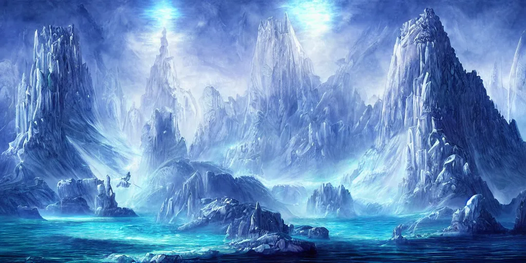 Image similar to aggressive goddess, crystal clear atlantis architectural marvels, crisp realistic fantasy art painting