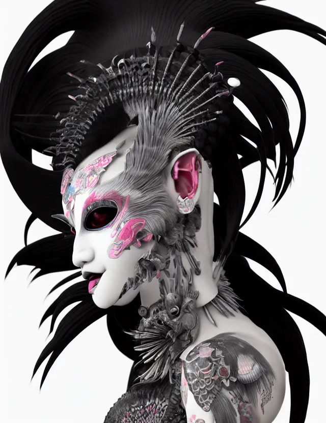 Image similar to 3 d goddess close - up profile simple portrait punk with mohawk with goat skull. beautiful intricately detailed japanese crow kitsune mask and clasical japanese kimono. betta fish, jellyfish phoenix, bio luminescent, plasma, ice, water, wind, creature, artwork by tooth wu and wlop and beeple and greg rutkowski