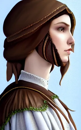 Image similar to a beautiful woman, high cheek bones, half smile, mischievous, bard, brown hair, messy hairstyle, short hair, cream colored peasant shirt, brown pants, leather boots, dark green cloak, round hood, elf ears, youthful, white background, proportionate, by Tony Sart, trending on artstation, realistic, highly detailed, masterpiece