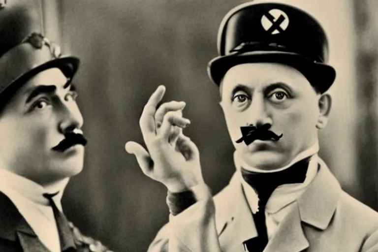 Prompt: Adolf Hitler as Charlie Chaplin in 'My Chap Chaplin' (2024), movie still frame, promotional image, imax 70 mm footage, oscar nominated cinematography, volumetric lighting, 8k resolution