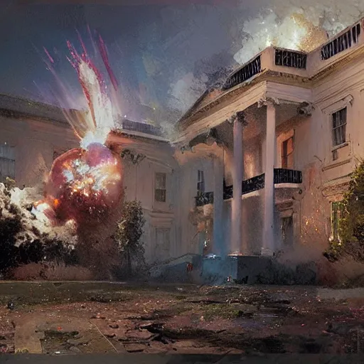 Image similar to the white house being exploded, tragic, beautiful, craig mullins, historic