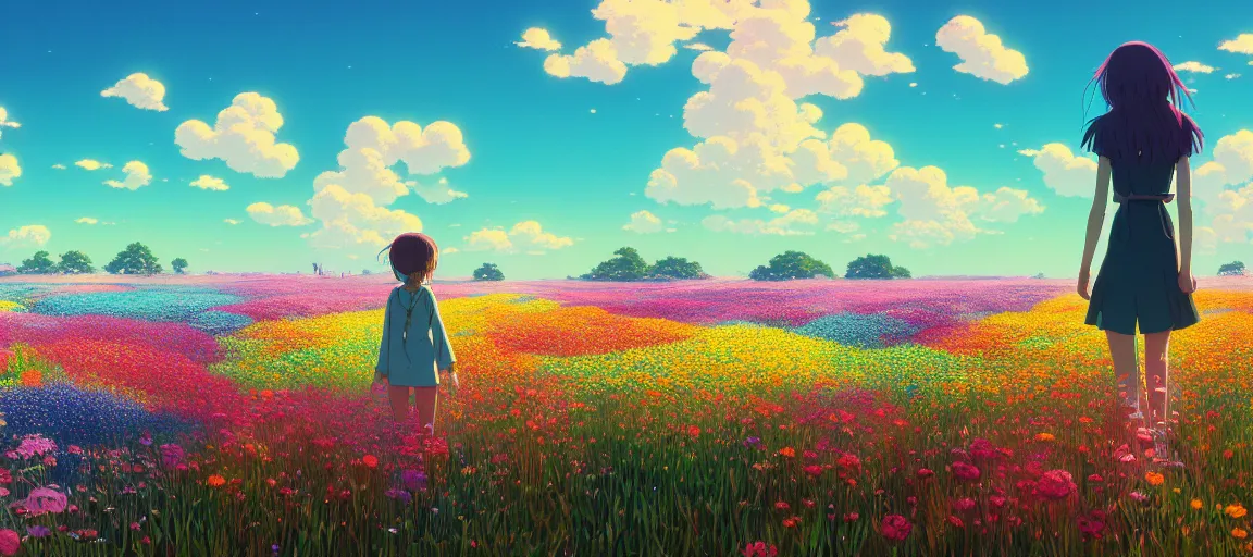 Image similar to a beautiful ultra - detailed panorama of a girl walking through a field of colorful flowers by beeple, studio ghibli, makoto shinkai, wallpaper, highly detailed, trending on artstation, anime