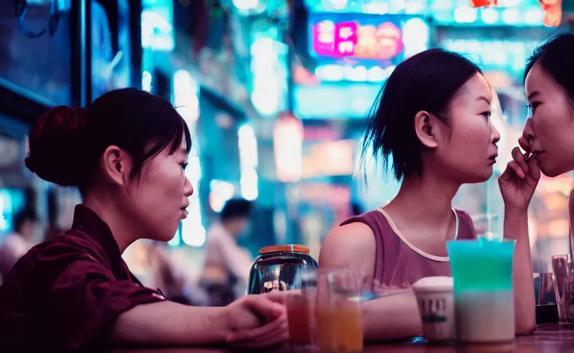 Image similar to cinestill 5 0 d photographic portrait of two android women sharing a drink at a cafe in cyberpunk china, extreme closeup, modern cyberpunk, dust storm, 8 k, hd, high resolution, 3 5 mm, f / 3 2, ultra realistic faces, intricate detail, ex machina