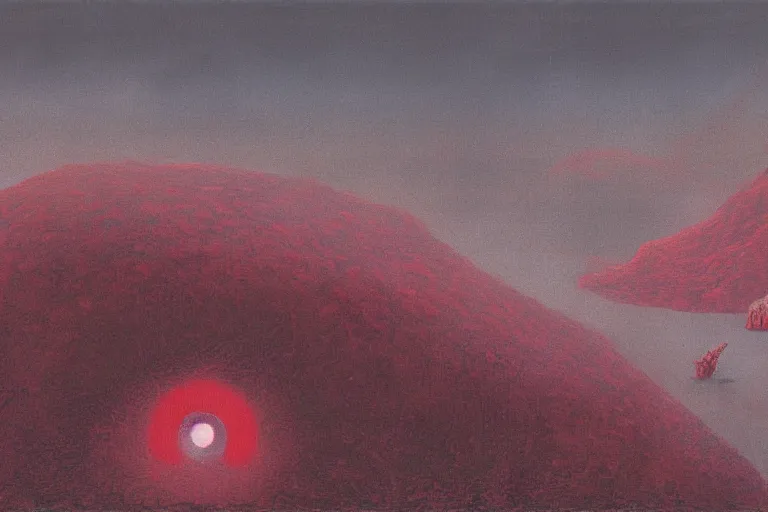 Image similar to a detailed landscape, demonic sky with glowing red snake eyes by Zdzisław Beksiński