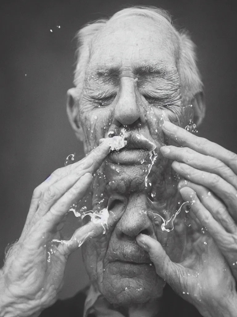 Prompt: Analog photographic portrait with 50 mm lens and f/1.2 of a 90 years old man with his eyes closed and a white viscous fluid floating in the air from his mouth.