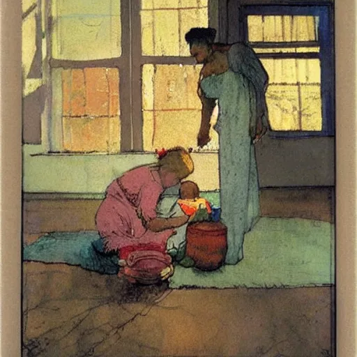 Prompt: this mixed mediart is beautiful because of its harmony of colors and its simple but powerful composition. the artist has created a scene of peaceful domesticity, with a mother and child in the center, surrounded by a few simple objects. the colors are muted and calming, and the overall effect is one of serenity and calm. by howard pyle ecstatic
