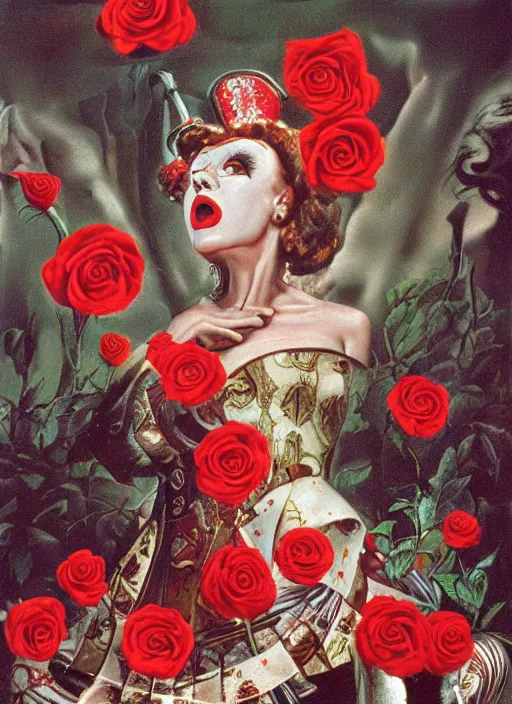 Image similar to the queen of hearts is angry about her red roses, yelling at card men painters in wonderland, by salvador dali, highly detailed matte painting, 8 k resolution