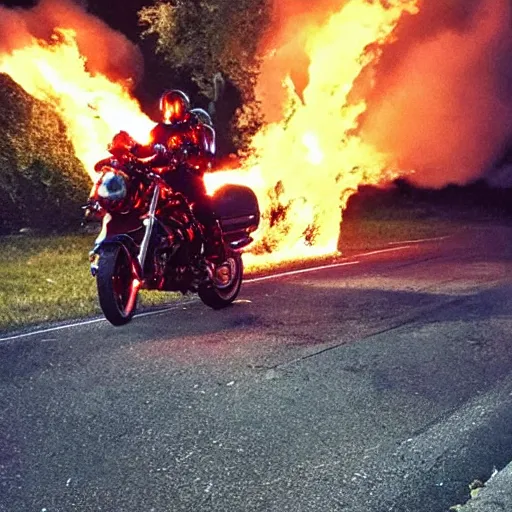 Image similar to “a burning knight in full armor riding a burning motorcycle that is on fire in an graveyard at midnight. cursed image.”