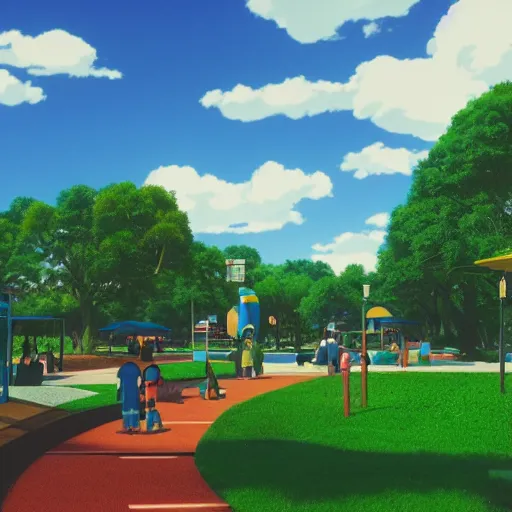 Prompt: Busytown park, optimistic colors, moody, blue sky, octane render 8k, by studio ghibli and greg rutkowski-n 9