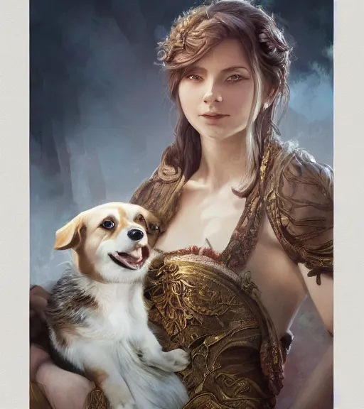 Prompt: full portrait of a young, attractive woman petting a corgi dog, soft hair, muscular, half body, cloth, d & d, fantasy, intricate, elegant, highly detailed, digital painting, artstation, concept art, smooth, sharp focus, illustration, art by artgerm and greg rutkowski and alphonse mucha