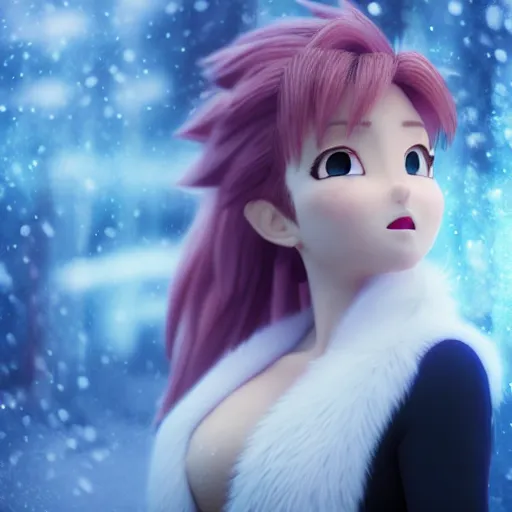 Prompt: portrait focus of super saiyan beautiful 3 d anime girl posing, frozen ice dark forest background, snowing, bokeh, inspired by masami kurumada, octane render, volumetric lighting
