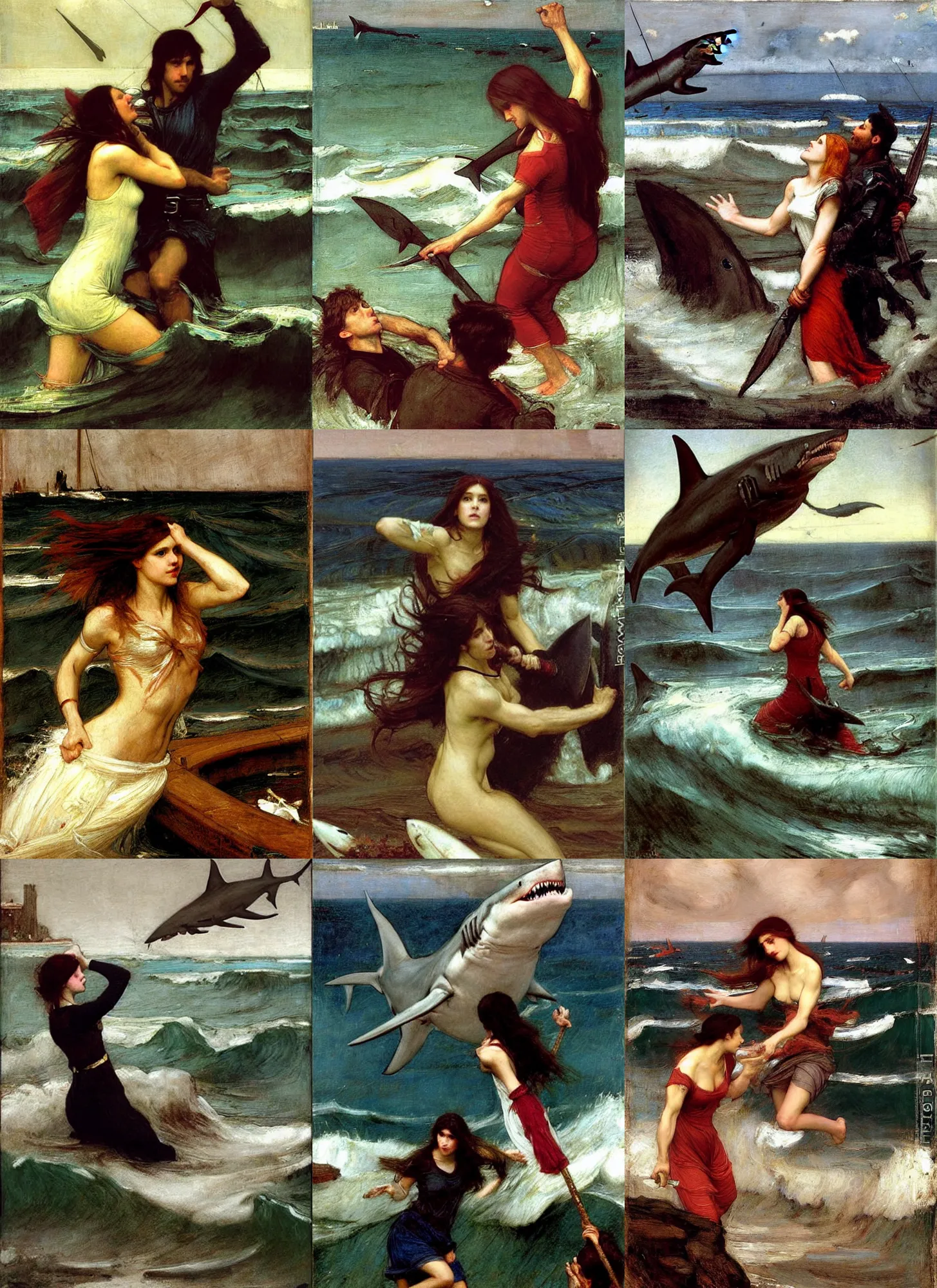 Prompt: A sharknado, painted by John William Waterhouse