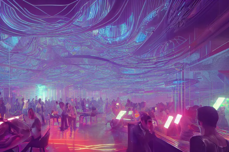 Image similar to a centered render of intricate modular synthesizer nightclub surrounded by ethereal lights and fractal geometry, cinematic, beautifully lit, by artgerm, by beeple, by karol bak, by donato giancola, by atelier olschinsky, 3 d, trending on artstation, octane render, 8 k