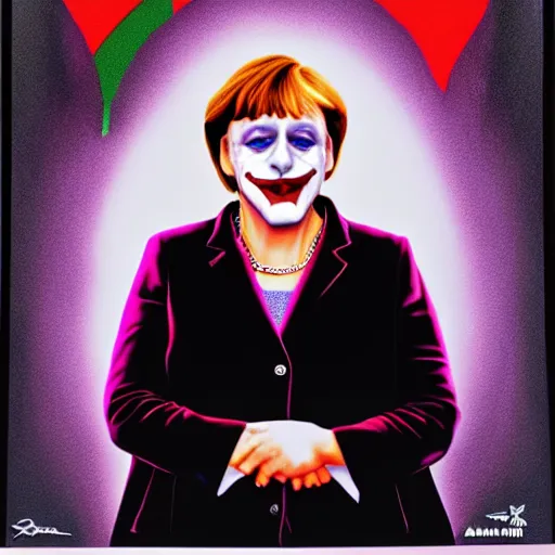 Prompt: angela merkel is the joker, airbrush art, drew struzan illustration art, key art, portrait