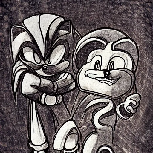 Prompt: leonardo da vinci style picture of sonic the hedgehog and vader