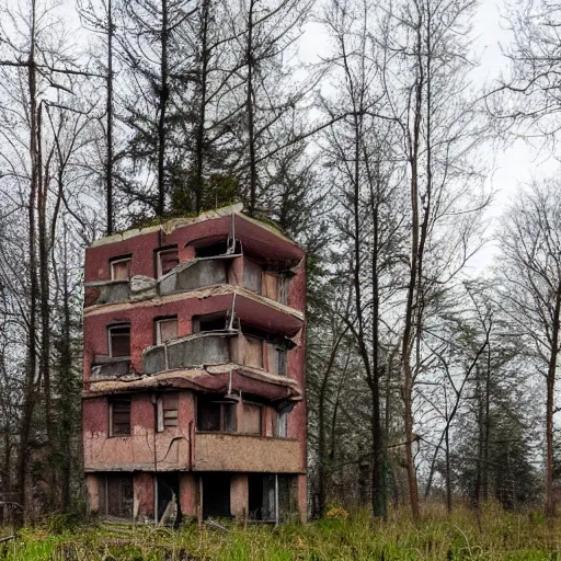 Prompt: abandoned apartment building in the middle of the forest