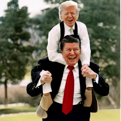 Prompt: trump getting a piggy - back ride from ronald reagan