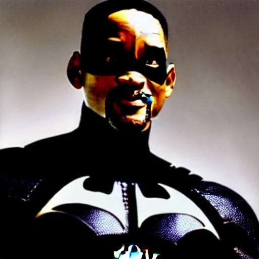 Image similar to of a photo of will smith as batman with a serious face looking at the camera, f 2. 8