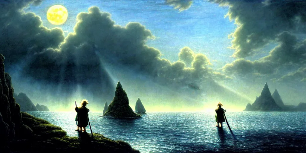 Image similar to three hobbits out at a lord of the rings scenery landscape, staring across the sea at a white timber sail boat leaving harbour, evening, god's rays highly detailed, vivid colour, soft clouds, full moon, cinematic lighting, perfect composition, gustave dore, derek zabrocki, greg rutkowski, belsinski