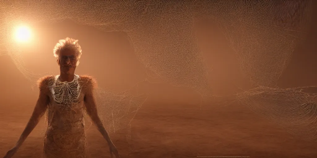 Prompt: A George Miller film, an ornate real character made out of intricate metallic filament webs and Endocrine system built out of dust and light, floating in the desert sunset, sandstorm, hyper-realism, very detailed feel, rendered in Octane, tiny points of light, caustic, 4k, beautiful lighting, colorful, vibrant