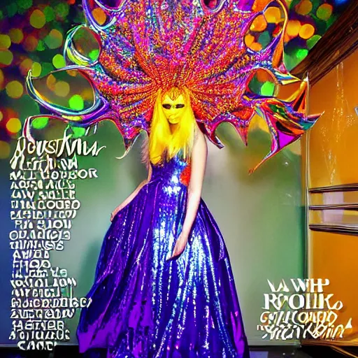 Image similar to jollyfish magazine cover photo, a woman wearing a dress made out of colorful dripping latex and a fancy intricate shiny reflective headdress made out of mirrors, standing in front of a detailed metallic backdrop made out of aluminum foil