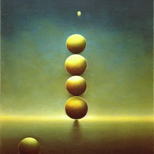 Prompt: multiple spheres floating above the horizon, spread out symmetrically, zdzislaw beksinski