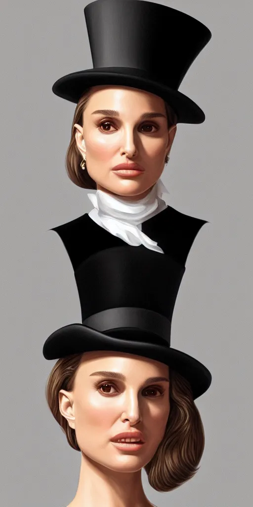 Prompt: Natalie Portman, wearing a top hat, very detailed portrait, ultrarealistic, dramatic lighting, electrical details, high details, 4k, 8k, best, accurate, trending on artstation, fur, artstation, photorealism, ultrarealistic, digital painting, style of Dali, Caravaggio, Boris Vallejo