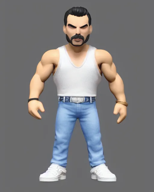 Image similar to 3 d render of freddie mercury, white sleeveless tank top blue jeans as a funko pop!, four, studio lighting, white background, single body, no shadow, blender, trending on artstation, 8 k, highly detailed