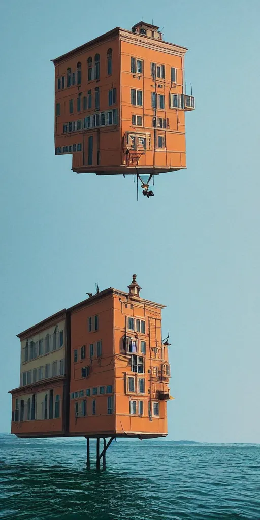 Image similar to wes anderson style beautiful floating building