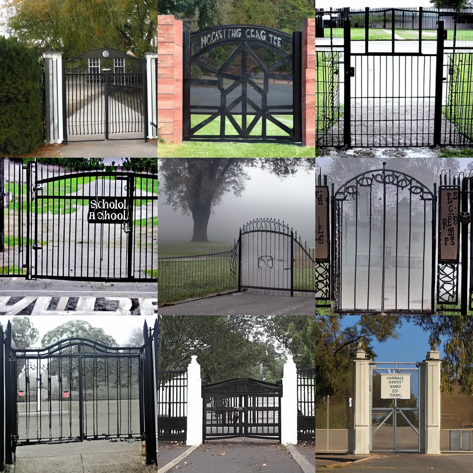 Prompt: a nightmare school haunted gate fog scary