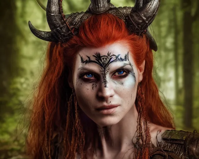 Image similar to 5 5 mm portrait photo of an armored redhead woman warrior with a face tattoo and horns growing from her head, in a magical forest. by luis royo. highly detailed 8 k. intricate. lifelike. soft light. nikon d 8 5 0. cinematic post - processing