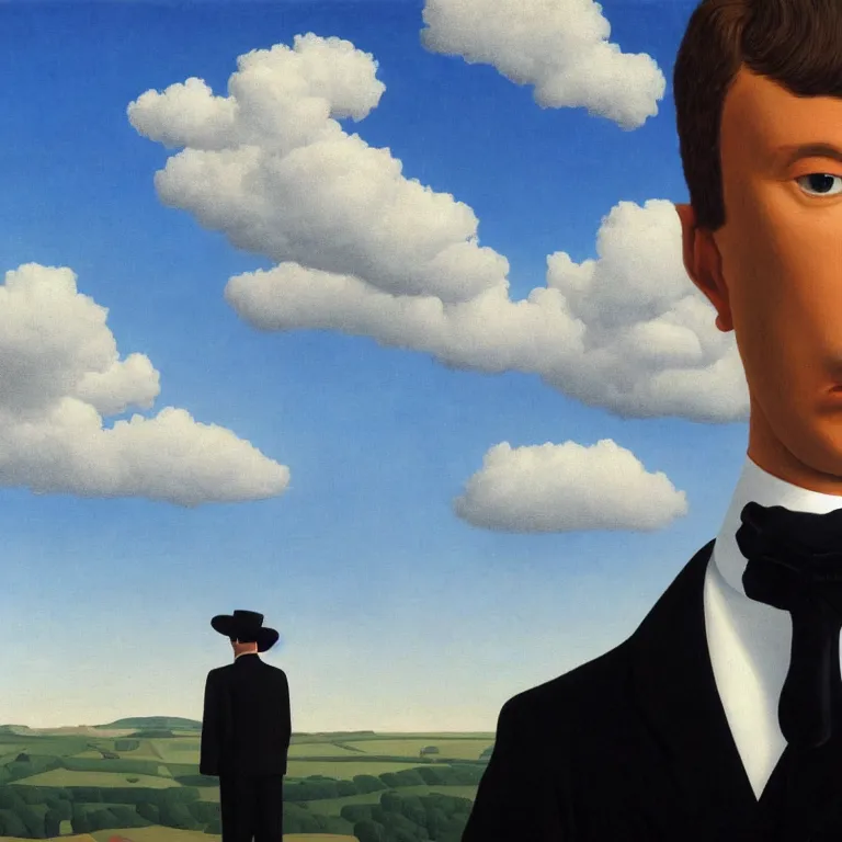 Image similar to portrait of a faceless masked - head man in a suit and black gloves, clouds and nature landscape in the background, by rene magritte, detailed painting, distance, centered, hd, hq, high resolution, high detail, 4 k, 8 k