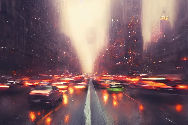 Prompt: beautiful matte painting of traffic jam on the streets of neo new york in evening by greg rutkowski, 4 k, extreme details, photorealism