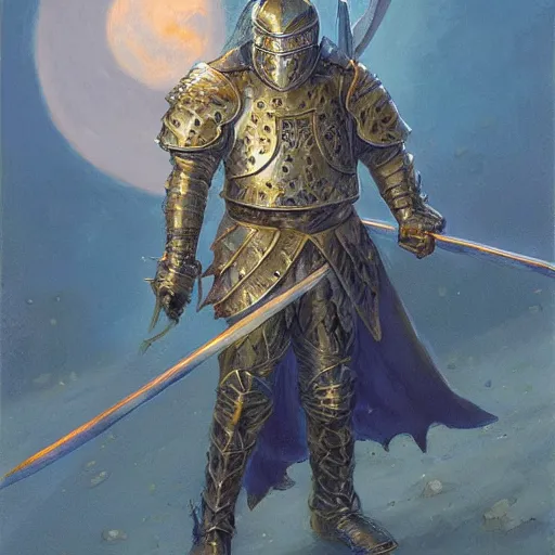 Image similar to A knight wielding the Moonlight Greatsword, art by Donato Giancola and James Gurney, digital art, trending on artstation