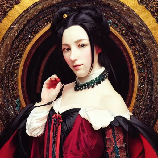 Prompt: a beautiful portrait of hatsune miku with long black and deep red colored hair dressed as a 1 6 th century european noblewoman, intricate, elegant, highly detailed, digital painting, artstation, concept art, matte, sharp focus, illustration, art by greg rutkowski and alphonse mucha