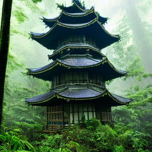 Image similar to abellanewsfoundation. org a full length portrait of a giant autonomous pagoda in a misty rainforest, surrounded by lush ferns and fir trees. surrounded by mountains and clouds and mist. featured on