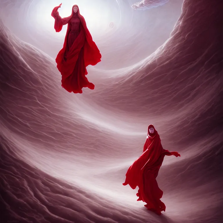 Image similar to one lone singular swirling otherworldly angel shrouded in red robes emerges from extensive barren white dunescape, matte painting by peter mohrbacher and filip hodas, background basilica sacre coeur, godrays, high contrast, highly detailed, a