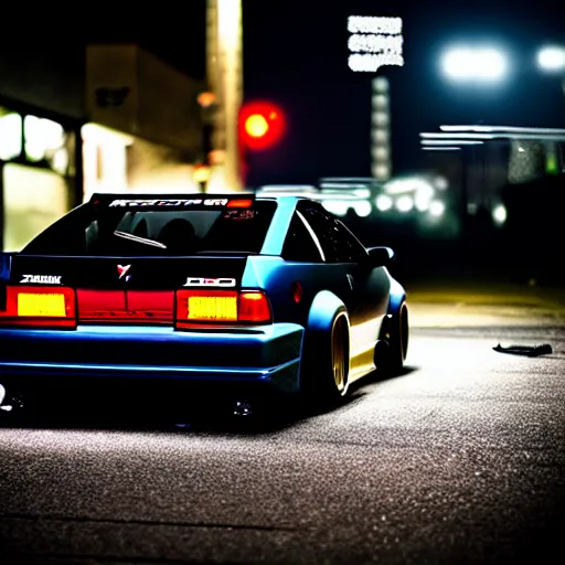 Image similar to a car 300ZX twin turbo drift at illegal car meet, Shibuya prefecture, city midnight mist lights, cinematic lighting, photorealistic, highly detailed wheels, high detail