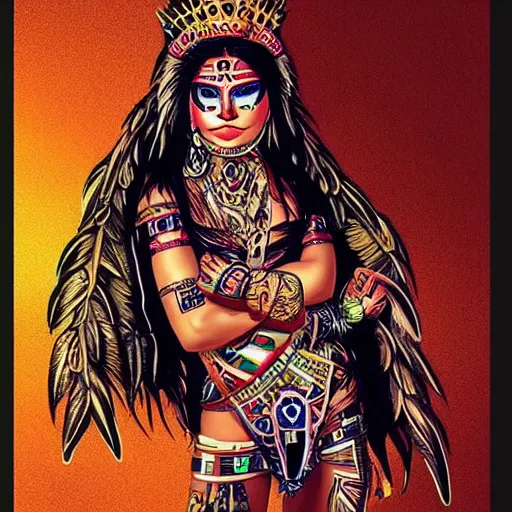 Image similar to character design, aztec warrior goddess, crown of body length feathers, full body, glowing aztec tattoos, beautiful, dark fantasy