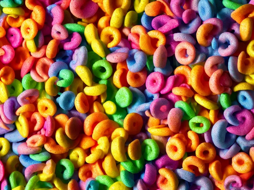 Image similar to bowl of fruit loops in milk, high realism, high contrast, bump map, crunchy, glossy, high detail, stylized, pixar, substance painter, octane render