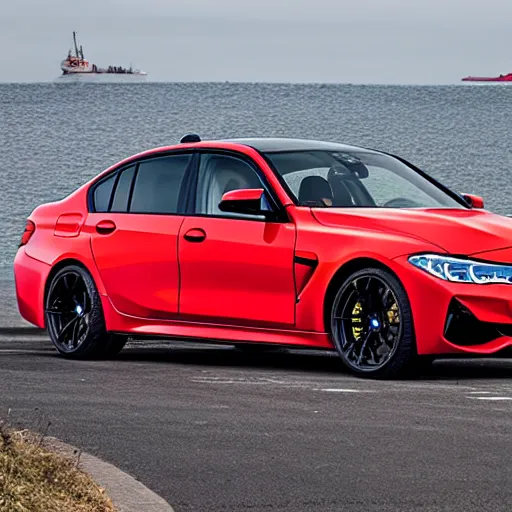 Image similar to red 2 0 2 2 bmw m 3 being stolen at the docks