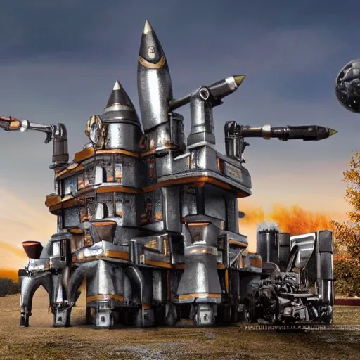 Prompt: photo a modern metal castle with rocket launchers on the roof